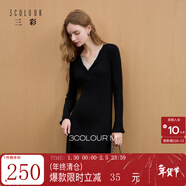 三彩2025冬季新款針織連衣裙蕾絲V領(lǐng)長(cháng)袖收腰長(cháng)裙A字裙簡(jiǎn)約M 經(jīng)典黑 M 160/84A