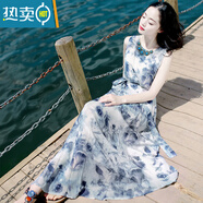 夏典素訂女王（SE.PSTP）夏季新款女裝裙子修身無(wú)袖雪紡連衣裙女波西米亞長(cháng)裙度假沙灘裙女 煙藍色 M 建議(105-115)