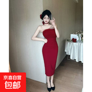 法式復古花朵抹胸長(cháng)裙性感一字領(lǐng)露肩修身顯瘦包臀連衣裙夏季新款 酒紅色 S