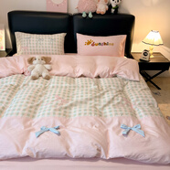 南極人（Nanjiren）甜美公主風(fēng)泡芙棉四件套ins風(fēng)清新少女心蝴蝶結被套三件套床品 蝴蝶結-蝴蝶結格子 床笠款 1.5m四件套被套220*240cm