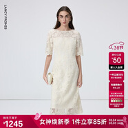 朗姿法式浪漫蕾絲連衣裙圓領(lǐng)中袖白色裙子女
