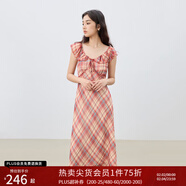 自巧小個(gè)子紅色雪紡格紋連衣裙女2025夏裝新款掐腰裙度假風(fēng)長(cháng)裙子 紅白格 XS （尺碼：2）