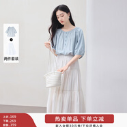 香影中袖襯衫女圓領(lǐng)2025夏裝新款慵懶泡泡袖氣質(zhì)淑女寬松藍色上衣 套裝 襯衫+半裙 S 155/80A/85-95斤