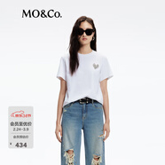 MO&Co.【抗菌防螨】棉質(zhì)T恤春秋愛(ài)心切割水鉆綴飾刺繡短袖黑色白色 漂白色 L