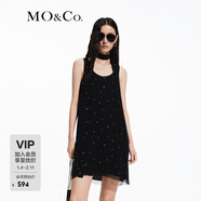 MO&Co.連衣裙春夏法式搖滾鉚釘桑蠶絲人絲飄帶切口下擺吊帶