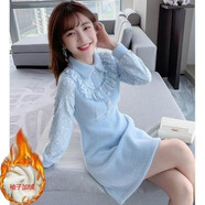 敲言加絨修身打底新款秋冬毛呢女短裙娃娃領(lǐng)針織加厚小個(gè)子連衣裙 藍色 袖子加絨 XL 113-120