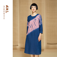 指間沙2435014原創(chuàng)女裝24秋文藝圓領定位扎染連衣裙亞麻九分袖中長裙 雨過天晴80 M