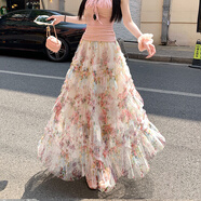 妹丫2026春重工拼接印花網(wǎng)紗蛋糕裙半身裙女新款顯瘦裙子長(cháng)裙半裙傘裙 杏色 M