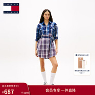 TOMMY JEANS春夏女裝純棉微磨毛法蘭絨漸變格紋收腰顯瘦襯衫裙連衣裙 藍紫格紋0MT XS （推薦：80-95斤）