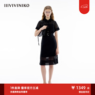 IIIVIVINIKO夏季新款“全棉歐根紗”復古系帶襯衫式連衣裙女 黑色 S