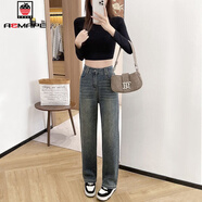 AEMAPE春季新款高腰顯瘦直筒牛仔褲女大碼百搭設計寬松滿(mǎn)天星闊腿褲子女 懷舊藍- 燙鉆 L 115-125斤