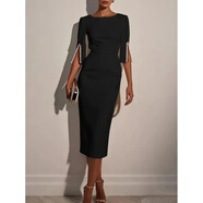 2025新款歐美跨境季純色通勤釘珠修身優(yōu)雅連衣裙女裝 黑色 XL