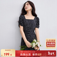 尚都比拉法式連衣裙女夏季方領(lǐng)堆堆袖復古波點(diǎn)抽褶開(kāi)叉A字裙