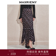 MAXRIENY浪漫復古感魚(yú)尾半身裙法式玫瑰印花包臀長(cháng)裙 黑色 L