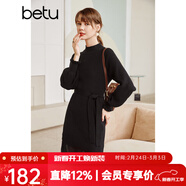 betu百圖女裝網(wǎng)紗拼接小高領(lǐng)木耳邊燈籠袖針織連衣裙女2110T69 黑色 S