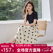 熙世界（sllsky）假兩件波點(diǎn)連衣裙2025秋季新款流行氣質(zhì)短袖圓領(lǐng)拼接裙子女裝 杏底黑色波點(diǎn) XL