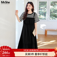 MsShe【條紋拼接假兩件連衣裙】大碼女裝2025夏裝胖mm顯瘦長(cháng)裙子 黑色現貨 2XL