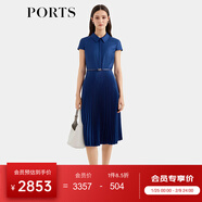 PORTS寶姿女裝春夏新款通勤襯衫領(lǐng)拼接百褶收腰短袖中長(cháng)連衣裙 丈青-1 L (8)