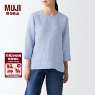 MUJI MUJI 女式 亞麻水洗 七分袖罩衫 T恤 亞麻上衣 BCA25C2S 煙熏藍色條紋 L(165/88A)