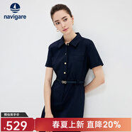 Navigare意大利小帆船短袖襯衫裙女士夏季時(shí)尚百搭小個(gè)子連衣裙簡(jiǎn)約中裙女 海軍藍 M 碼