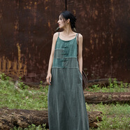 秋女裝亞麻苧麻拼接扎染長(cháng)裙原創(chuàng  )設計師款飄逸清涼女吊帶連 綠(亞麻苧麻拼接扎染) 均碼