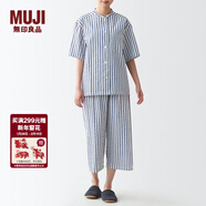 MUJI女式 無(wú)側縫泡泡紗短袖睡衣女士家居服套裝夏季純棉全棉 FDB04C2S 深藏青色條紋 M