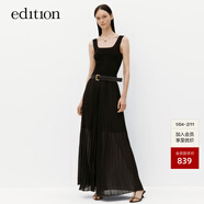 edition連衣裙女新款拼接背心雪紡壓褶黑色收腰長(cháng)裙 黑色 S