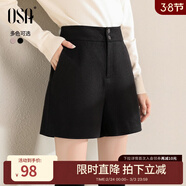 歐莎（OSA）黑色高腰毛呢靴褲外穿短褲女秋2025新款休閑直筒闊腿褲 黑色 XS