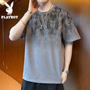 花花公子（PLAYBOY）漸變色純棉短袖t恤男士夏季薄款冰絲透氣吸汗潮流牌大碼寬松半袖T 深灰 3XL [155-175斤]