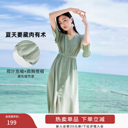 香影v領(lǐng)雪紡連衣裙女2025夏季新款荷葉袖單排扣收腰過(guò)膝垂感裙子 荷綠 S