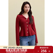 獨束大碼女裝針織衫V領(lǐng)紅色毛衣女2024冬大碼胖mm泡泡袖收腰上衣 復古紅 M (尺碼：1)