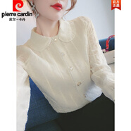 皮爾卡丹（pierre cardin）春季雪紡襯衫女春裝2025年新款春款荷葉邊早春娃娃領(lǐng)上衣長袖針織 杏色 2XL