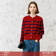 顏域（YANYEE）復古紅色絞花針織開(kāi)衫女冬2025新款撞色條紋圓領(lǐng)外套寬松毛衣 紅色 M/38