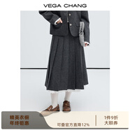 VEGA CHANG【50%綿羊毛】灰色半身裙秋冬女2025拼接蕾絲毛呢裙子 星河灰 L