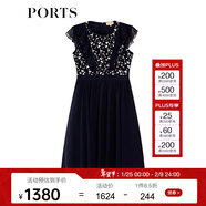 PORTS寶姿女裝夏新品拼接蕾絲雪紡荷葉邊連衣裙ALM8D100GWS001 丈青 M (6)