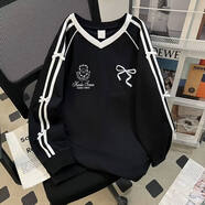 當季胖mm大碼蝴蝶結V領(lǐng)衛衣女秋季新款設計感顯瘦寬松300斤外 黑色[高品質(zhì)]SZ8558 L [110130斤]