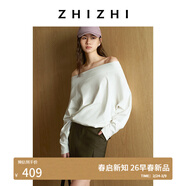 致知ZHIZHI 西湖月 一字領(lǐng)蝙蝠袖寬松長(cháng)袖T恤慵懶感顯瘦26春新款 月光白 L