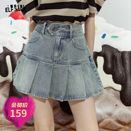 妖精的口袋百褶牛仔半身裙女2024夏季新款小個(gè)子百搭設計感牛仔裙 牛仔藍色 S