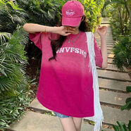 FSHE  漸變色美式短袖T恤女小眾別致新款字母印花長(cháng)款上衣潮 玫紅色T- [單件] 均碼 S建議參考100斤