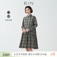 EIN PURE復古學(xué)院風(fēng)格紋襯衫領(lǐng)低腰破縫長(cháng)袖連衣裙2025早秋新款 墨藍 L