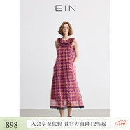 EIN繁花漾夏 EIN言度假風(fēng)印花撞色蕾絲雪紡無(wú)袖連衣裙女2025夏新款 珊瑚紅 M