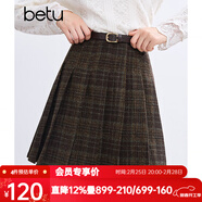 百圖betu女裝冬季新款半身裙高腰毛呢格紋A字百褶裙裙子女2411T68 咖格 S
