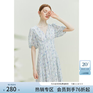范思藍恩23FS12521茶歇法式雪紡碎花連衣裙女夏V領(lǐng)海邊度假長(cháng)裙子 白底紫花 XL