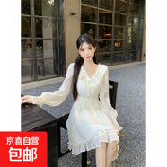 春季新款溫柔風(fēng)V領(lǐng)系帶長(cháng)袖連衣裙女法式氣質(zhì)顯瘦木耳邊小白裙子 杏色 L