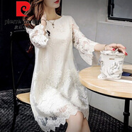 皮爾卡丹（pierre cardin）2026連衣裙女春秋韓版A字大碼顯瘦仙女裙中長(cháng)款蕾絲刺繡打底裙潮 白色 L 【建議105-120斤】