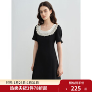 獨束大碼女裝優(yōu)雅蕾絲花邊領(lǐng)小黑裙夏裝赫本風(fēng)高腰A字中長(cháng)款裙子 赫本黑-短款 M (尺碼：1)