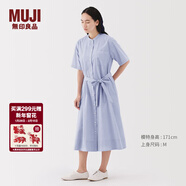 MUJI女式 涼感 短袖襯衫連衣裙女裝裙子純棉25年夏季長(cháng)裙 薩克森藍條紋 XL (165/92A)