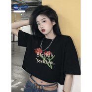 熊司令夏季潮流辣妹甜美風(fēng)愛心t恤女高腰短款上衣ins純棉短袖女 黑色[97]英文玫瑰 S建議65-85斤 均碼