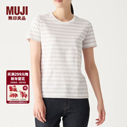 MUJI MUJI 女式 印度棉天竺編織 圓領(lǐng)短袖T恤 BBB01A0S 淺銀灰色X條紋 XL