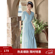 茵曼（INMAN）法式薄荷曼波連衣裙2024夏女裝新品V領(lǐng)燈籠袖抽繩 紺藍色 S